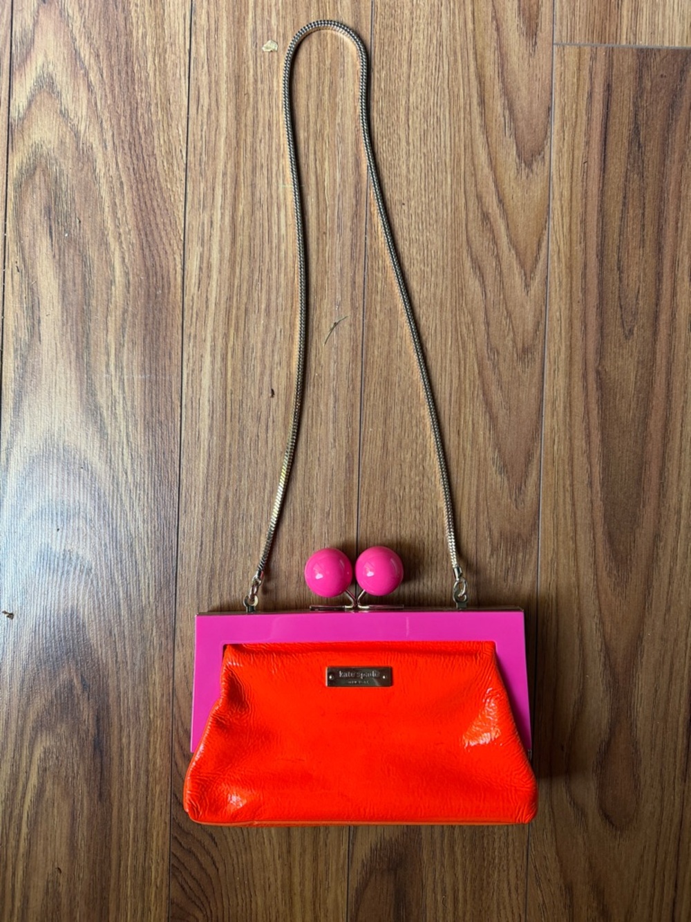 Kate Spade Pink & Orange Patent Frame Clutch with Ball Kiss Lock - Picture 4 of 4